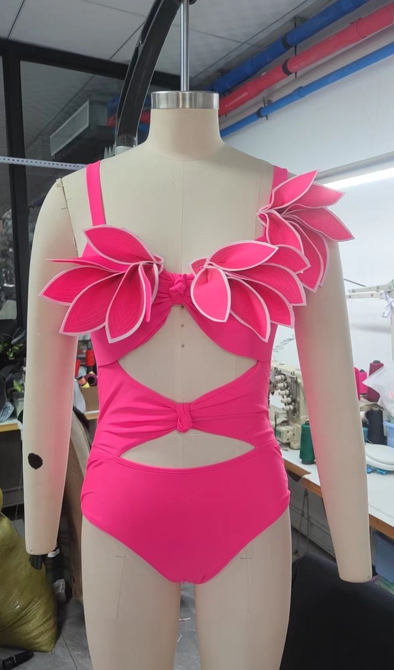 Women's Clothing Swimwear New Petal Decoration Fluorescent Color One Piece Swimsuit Holiday Suit Female_voghion.com