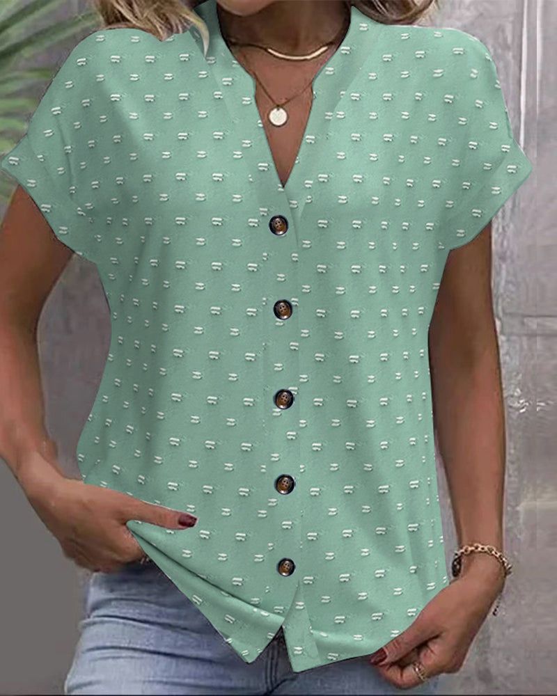 Abbigliamento estivo da donna, top in jacquard a maniche corte con scollo a V, camicie casual alla moda_voghion.com