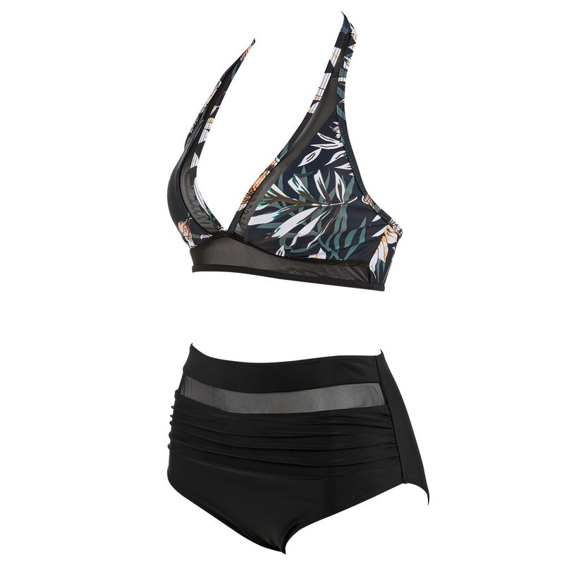 Maillot de bain une pièce sexy ajouré couleur unie, maillot de bain une pièce en maille épissée, taille haute, décolleté plongeant_voghion.com
