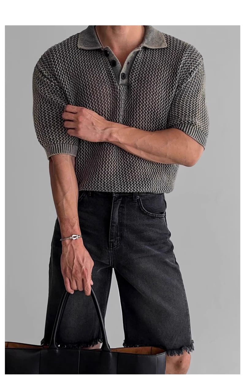 Maglione lavorato a maglia a maniche corte con risvolto, da uomo, in seta ghiacciata, a nido d'ape, con linea spessa, estivo_voghion.com