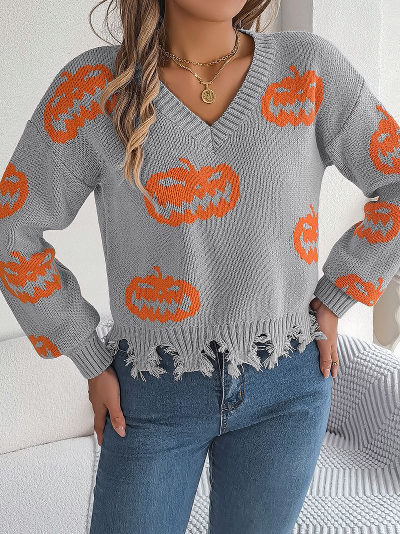 Autumn Winter Halloween Color-Block Pumpkin Cut Long Sleeve Pullover Sweater Women's Fashion_voghion.com