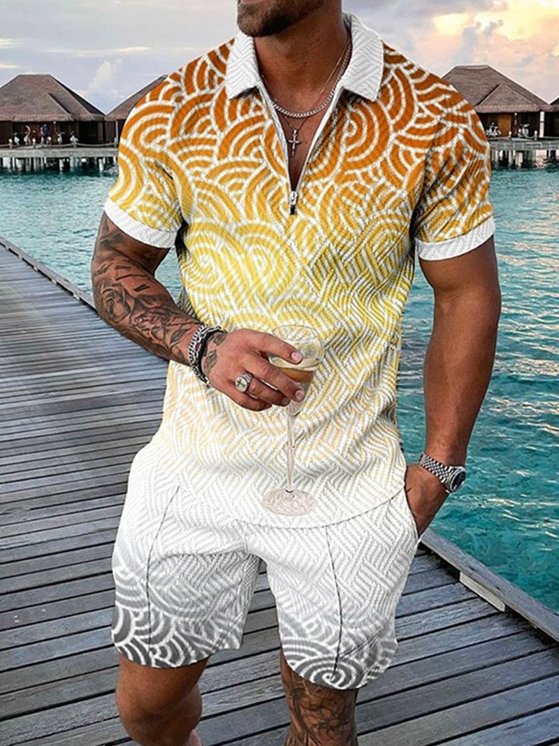 Set da 2 pezzi da uomo, motivo a pois rossi, comoda polo con zip alla moda e pantaloncini con coulisse in vita_voghion.com