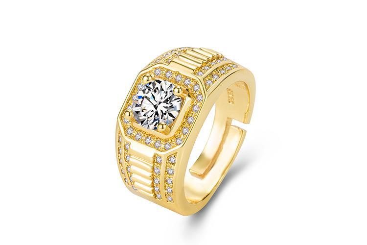 Vergulde, dominante, volle diamanten ring, zakelijke herenring, kleurbehoudende verlovingsring met dubbele rij diamanten_voghion.com