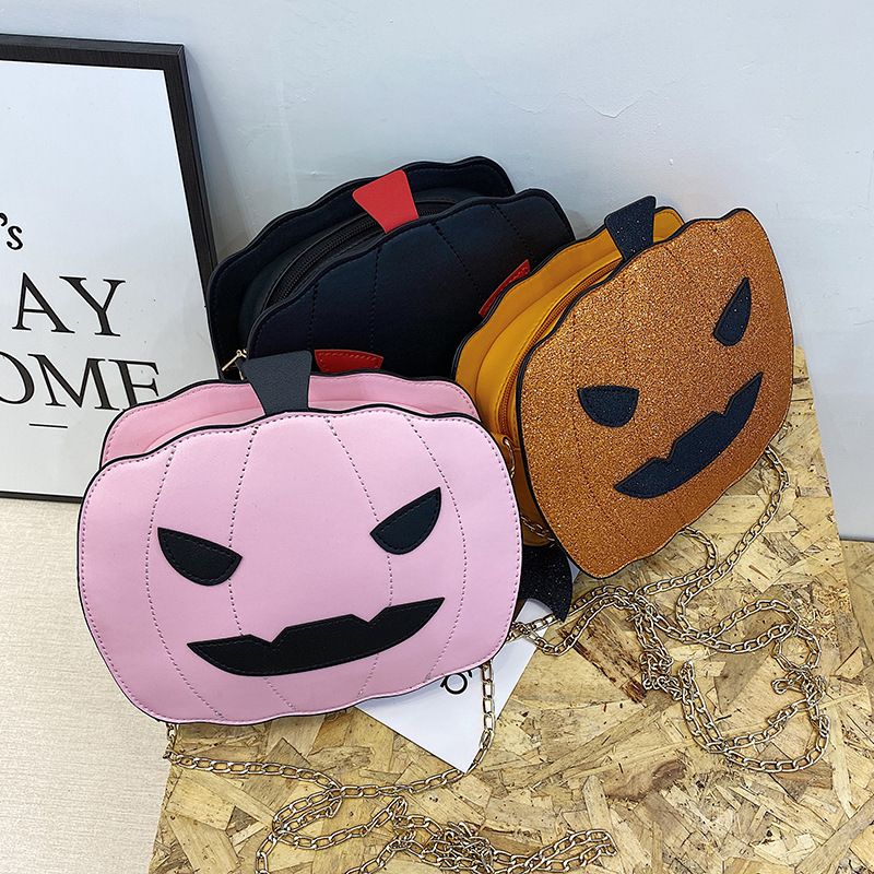 Borsa a tracolla con zucca glitterata a tema Halloween per donna - Borsa a tracolla in PU riflettente retrò con tasche con cerniera, accessorio alla moda e divertente_voghion.com