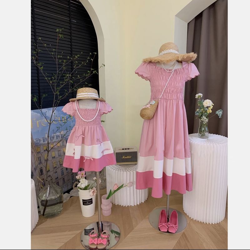 Mother&Kids Family dress summer short sleeve mother-daughter dress skirt girl soft pink Sweet thin_voghion.com
