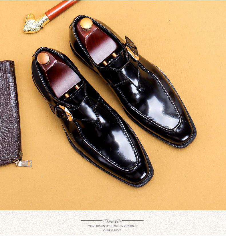 Men's shoes square head business English buckle Monk shoes men's leather patent leather glitter Casual shoes_voghion.com