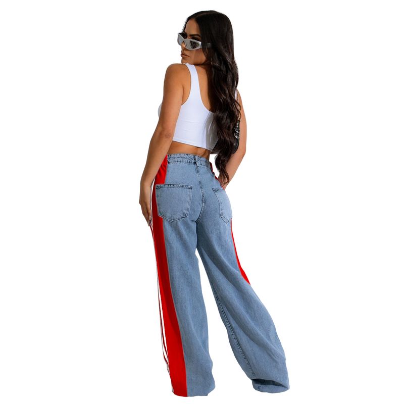 Ropa de mujer Pantalones vaqueros de pierna ancha con tres rayas y empalme de moda de verano Pantalones rectos elásticos de cintura alta informales nuevos para mujer_voghion.com