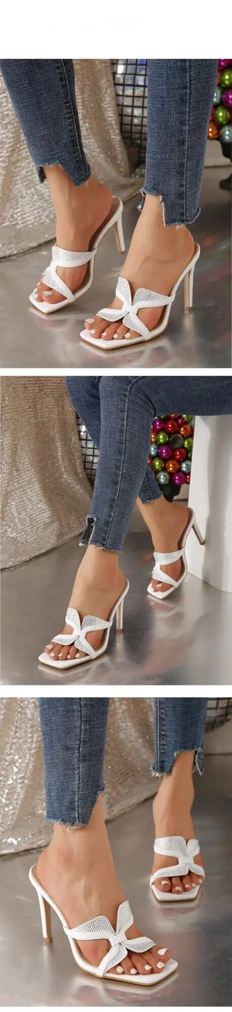 Modische Damenschuhe, weiße Strasssteine, Fischgrätenschleife, dünne quadratische Zehenpartie, High Heels, Sandalen und Hausschuhe_voghion.com