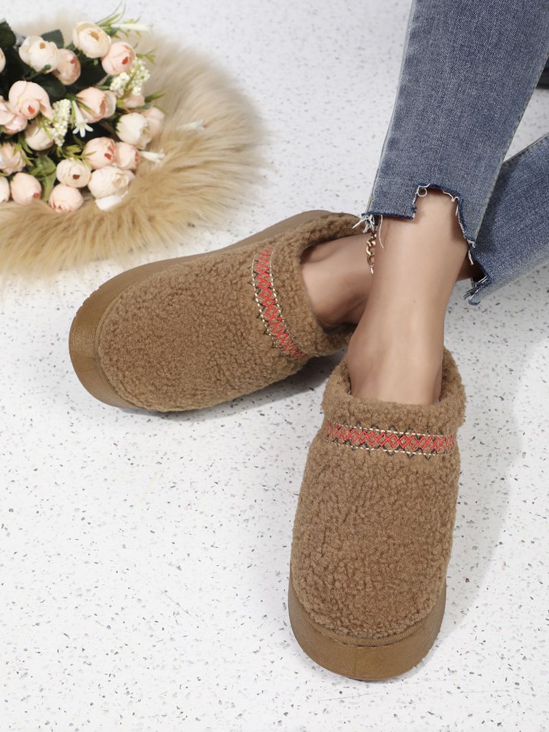 Pantofole invernali slip-on con fodera in pelliccia sintetica, suola in gomma spessa, ricami etnici, comode pantofole da interno/esterno (marrone/bianco/nero/beige)_voghion.com