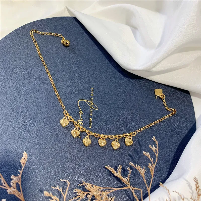 gold-plated Womens With Adjustable Zirconia Designer Heart-shaped Tennis Chain Beach Pendant Ankle Bracelet Fashion_voghion.com