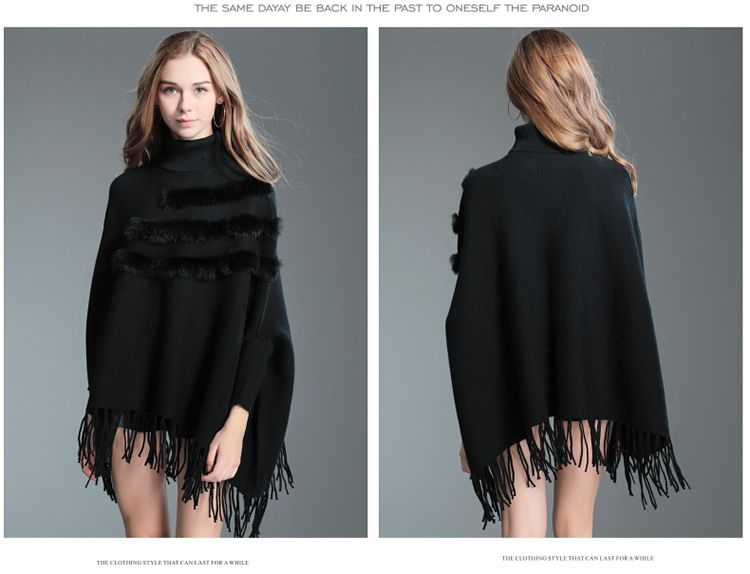 Cape à pompon grande taille Cape Pull à manches chauve-souris pour femme Manteau pull à col roulé mi-long_voghion.com