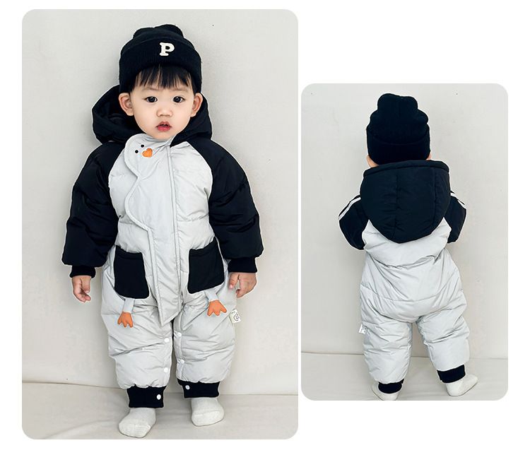 Premium Baby Winter Snowsuit With Hood - Soft Duck Down Filled, Full-Zip Romper For Infants & Toddlers (66-100cm, Gray, Cartoon Print)_voghion.com