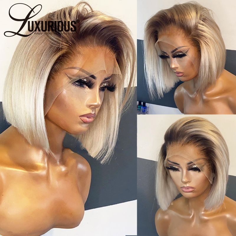 Heißer verkauf 200 Dsity Ombre Blonde Bob Spitze Vorne Perücke Menschliches 13x4 Transpart Kurze Perücken Günstige Gerade Brasilianische remy Haar Für_voghion.com