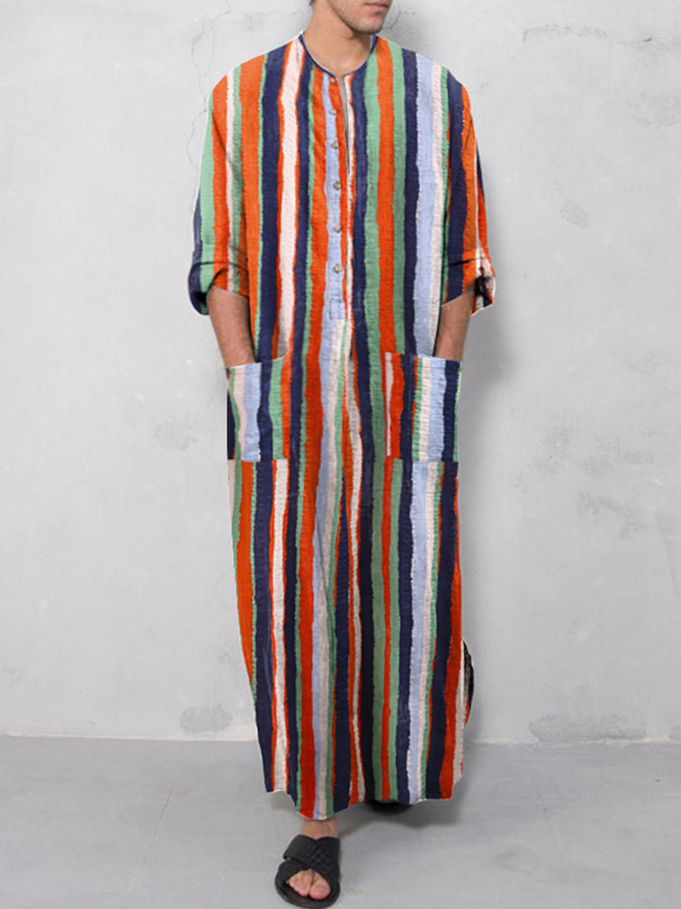 Muslim Robe New Style Men's Loose Door Stripe Long Sleeve Ready-Stock Ethnic Style Bodysuit_voghion.com