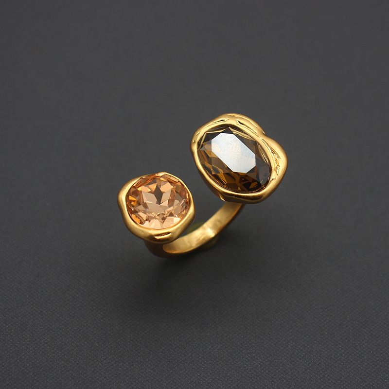 Medieval rhinestone plain ring with adjustable opening and large gemstone inlaid hand ornaments with aged real gold plating_voghion.com