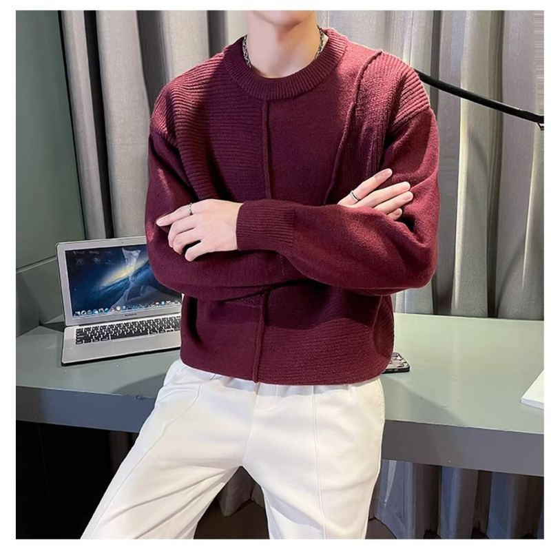 Men’s Premium Knit Sweater – Winter Round Neck Long Sleeve Cardigan, Solid & Spliced Design (Black/White/Burgundy/Brown, M-3XL)_voghion.com