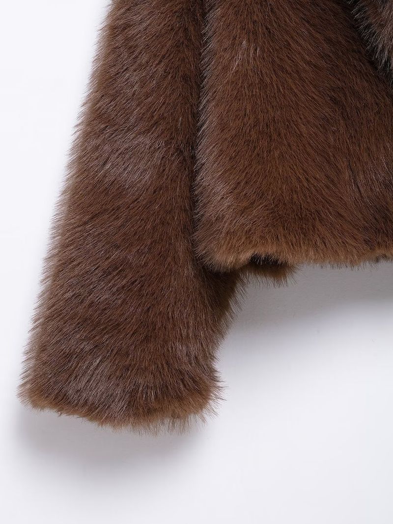 Cappotto in pelliccia sintetica da donna, stile primaverile, oversize, stile streetwear, con tasche, colletto con revers, capospalla in poliestere per outfit casual (marrone, XS/S/M/L)_voghion.com