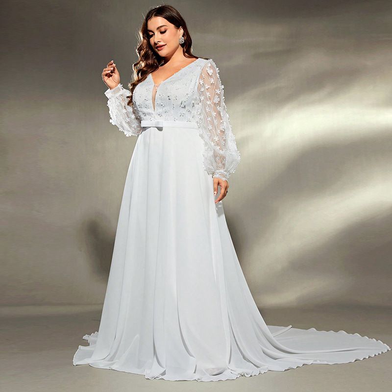 Elegantes Abendkleid mit V-Ausschnitt und langen Ärmeln für Damen – Abendkleid in Übergröße für Hochzeit, Bankett und Party_voghion.com
