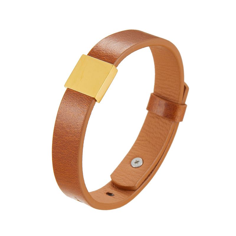 Unisex Genuine Simple Stainless Steel Smooth Surface Customizable Engraving Cowhide DIY Leather Bracelet_voghion.com