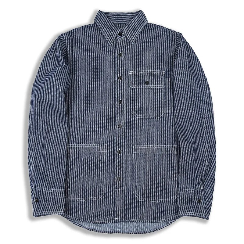 İlkbahar Sonbahar Kargo Gömlek Erkekler Uzun Kollu Çizgili Batı denim gömlek Safari Tarzı Askeri Erkek Gömlek Çok cepler Erkekler Tops_voghion.com