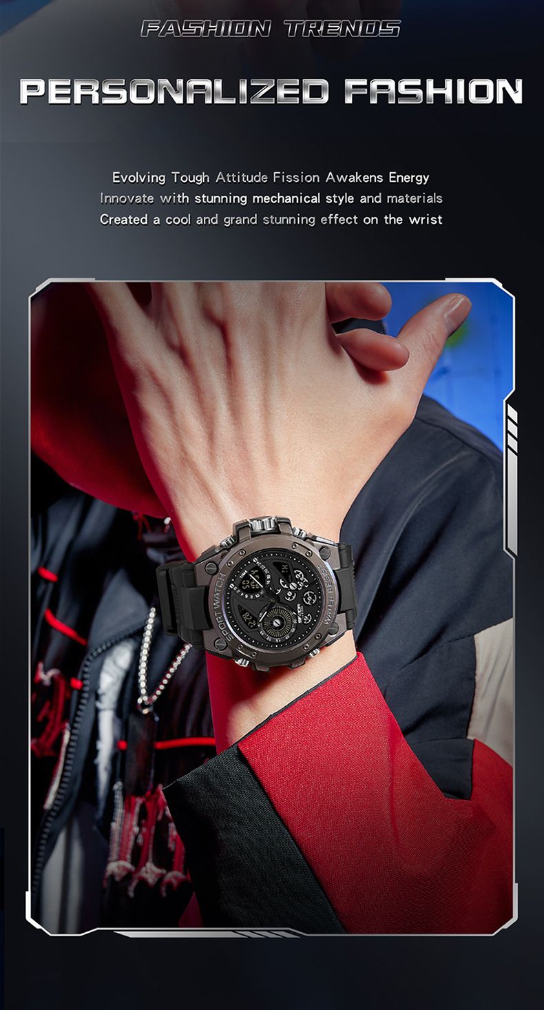 Men's Sport Watch With Dual Display, Alarm, Waterproof, LED Backlight, Stopwatch, And Day/Date Function - Stylish Round Dial For Active Lifestyles_voghion.com