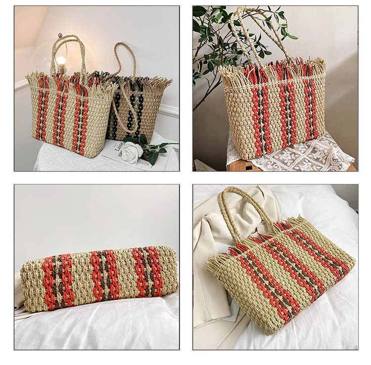 【Stile etnico】Borsa a tracolla alla moda in paglia color-block, borsa tote da vacanza di grande capacità_voghion.com