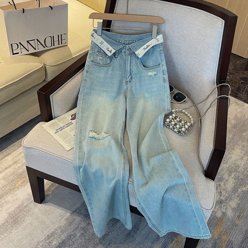 Vêtements pour femmes Véritable photo d'été, design fin, taille haute, pantalon en denim ample et slim, pantalon à jambes larges_voghion.com
