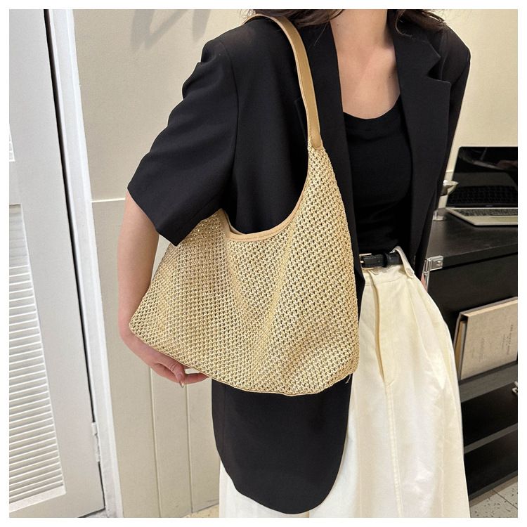 Sac tissé en herbe pour femmes, sac de loisirs de grande capacité, sac à bandoulière sous les bras occidental, nouvelle collection 2024_voghion.com