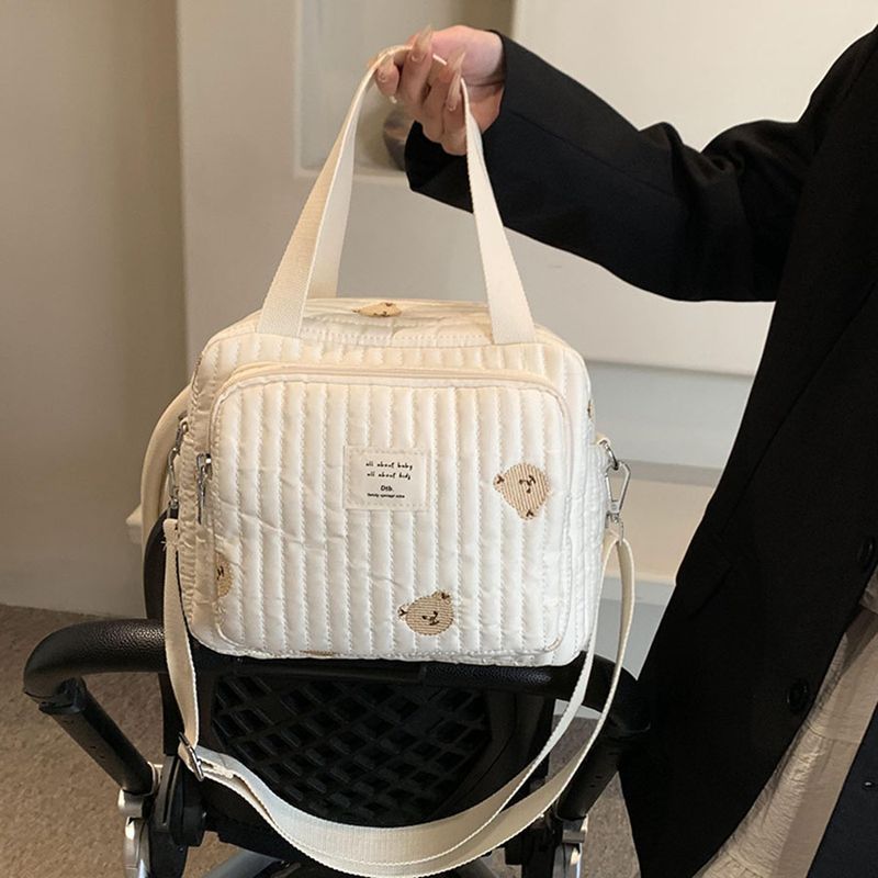 Söpö karhukukka-kirjontakuvio vauvan beige puuvillakangasta vetoketjullinen vaippalaukku uusi matkatavaralaukku_voghion.com