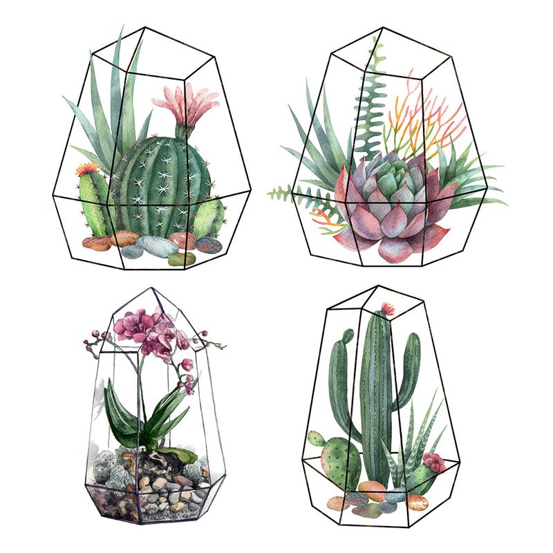 4pcs green plant cactus self-adhesive PVC CH81394 cage flower living wall sticker_voghion.com