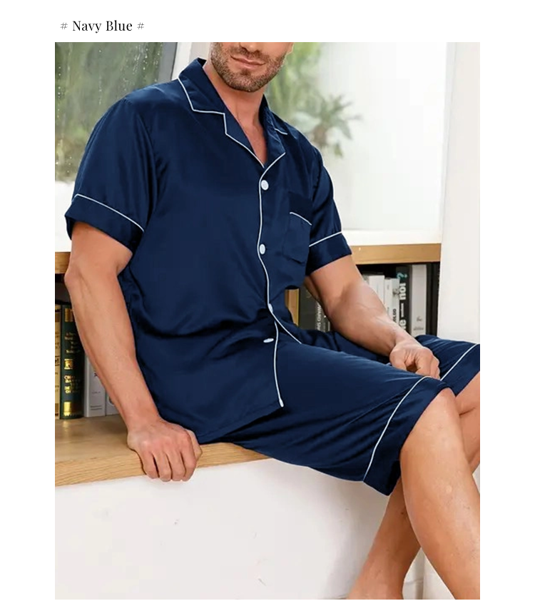 Herren Satin Pyjama Set Nachtwäsche für Herren Sommer Kurzarm Button-Down Hemd & Shorts Pyjama 2-teilig Home Kleidung Kurzer Anzug_voghion.com