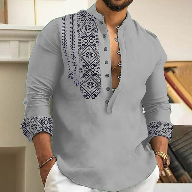 Abbigliamento da uomo Camicia da uomo stampata casual estiva con colletto a maniche lunghe in tinta unita estiva_voghion.com