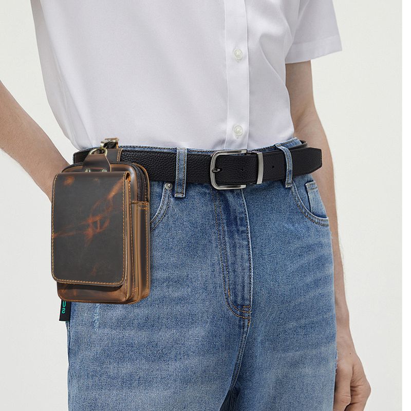 Head layer Crazy Horse Leather Cowhide Men's Trendy Cool Phone Camera Outdoor 6-inch Small Waist Bag with Hook 1609_voghion.com