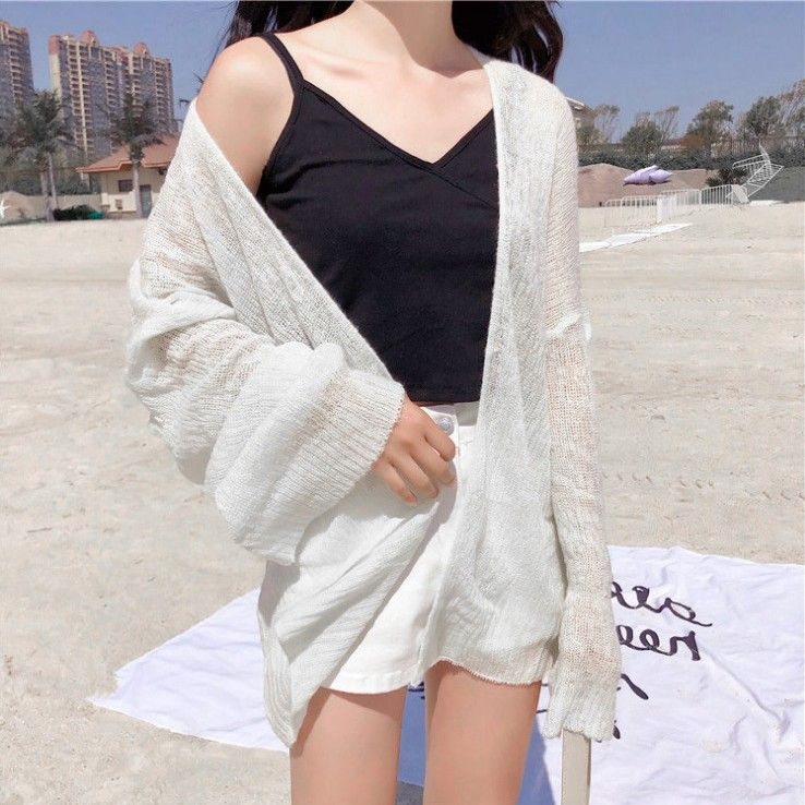 Cardigan in maglia a maniche lunghe leggero oversize in stile coreano - Coprispalle con protezione solare, coprispalle estivo sottile e arioso per donna_voghion.com