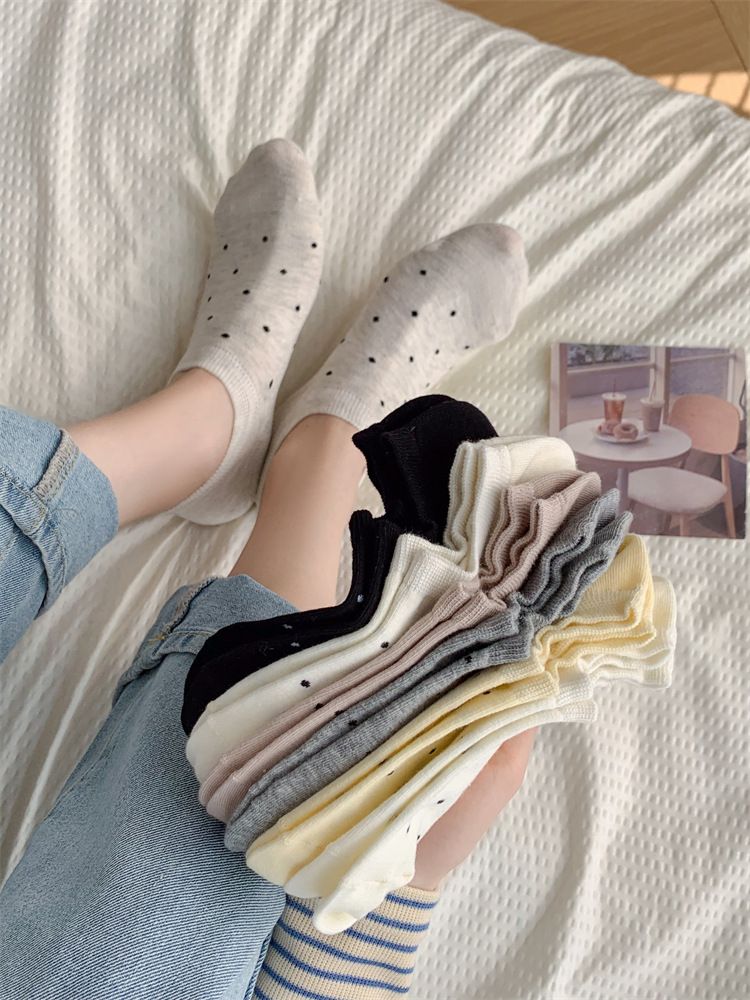 Calzini estivi da donna in cotone, traspiranti e assorbenti del sudore, calzini corti giapponesi a pois, calzini invisibili e poco profondi che non cadono_voghion.com