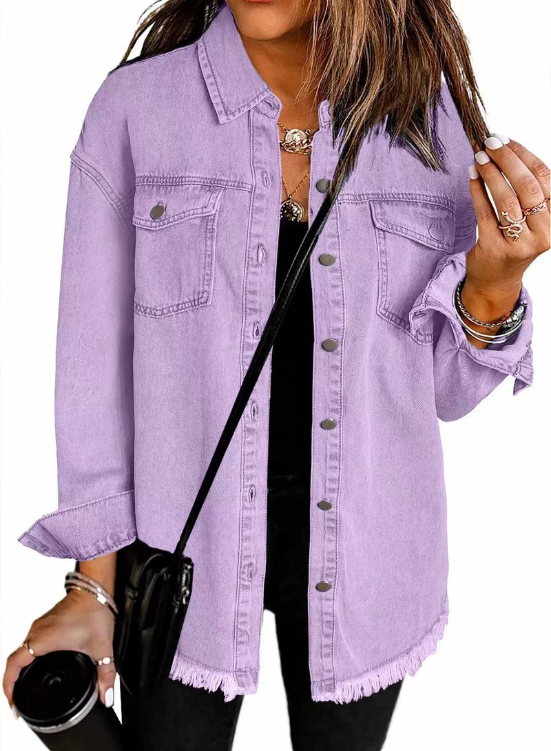 Giacca in denim lavato effetto consumato per donna - Cappotto streetwear oversize con orlo grezzo per autunno e inverno_voghion.com