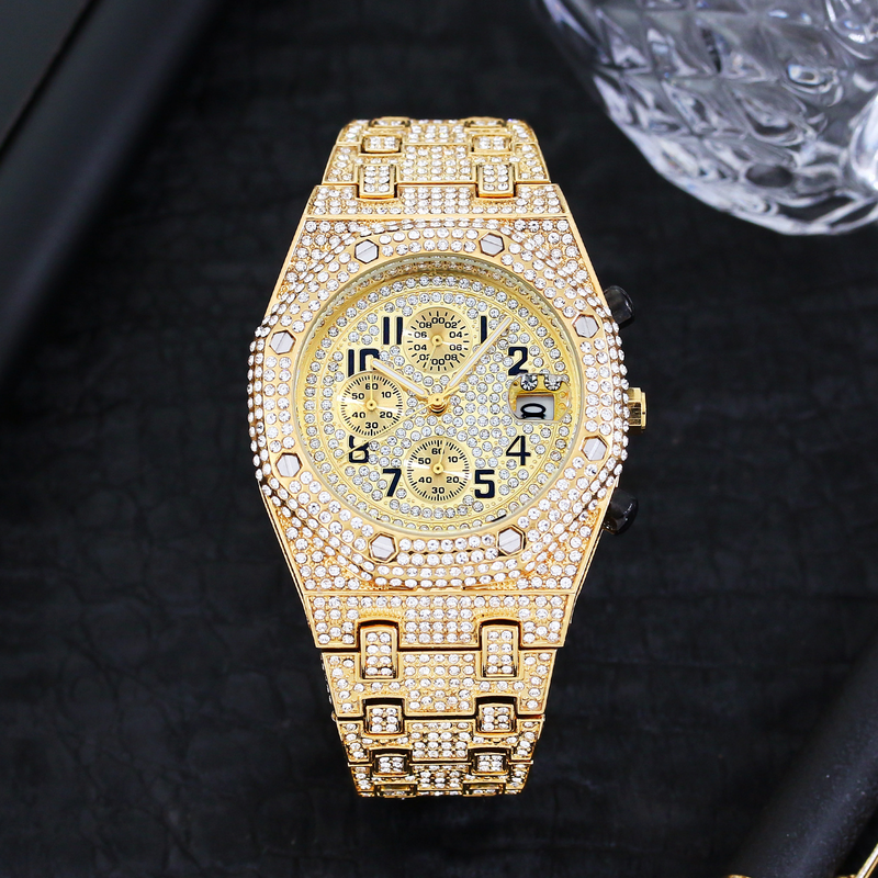Orologio Hip Hop di lusso da uomo con dettagli in diamanti, cronografo e datario, resistente all'acqua fino a 30 m, movimento al quarzo, cassa in acciaio inossidabile e cinturino in lega._voghion.com