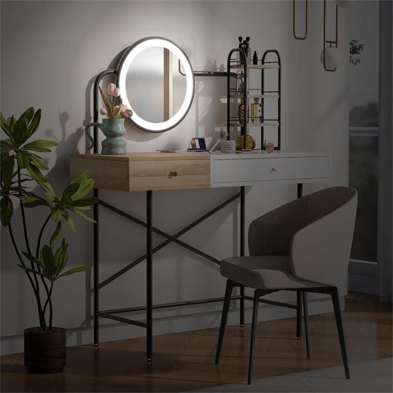 40 Inch Makeup Vanity Desk With 3-Mode Lighted Mirror & Wireless Charging Station,Vanity Table With Drawer & 3 Open Shelves For Ample Storage Space,Dressing Table For Bedroom_voghion.com
