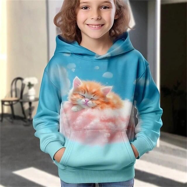 Abbigliamento per bambine, felpa con cappuccio, alla moda, con stampa di un gattino carino, ragazza ampia e alla moda_voghion.com