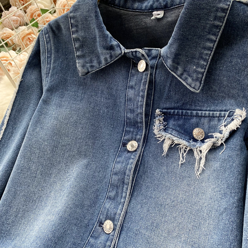 Dames lente- en herfstretro gewassen kort spijkerjack voor dames + afslankende, onafgewerkte heuprok met hoge taille en split, heuprok twee_voghion.com
