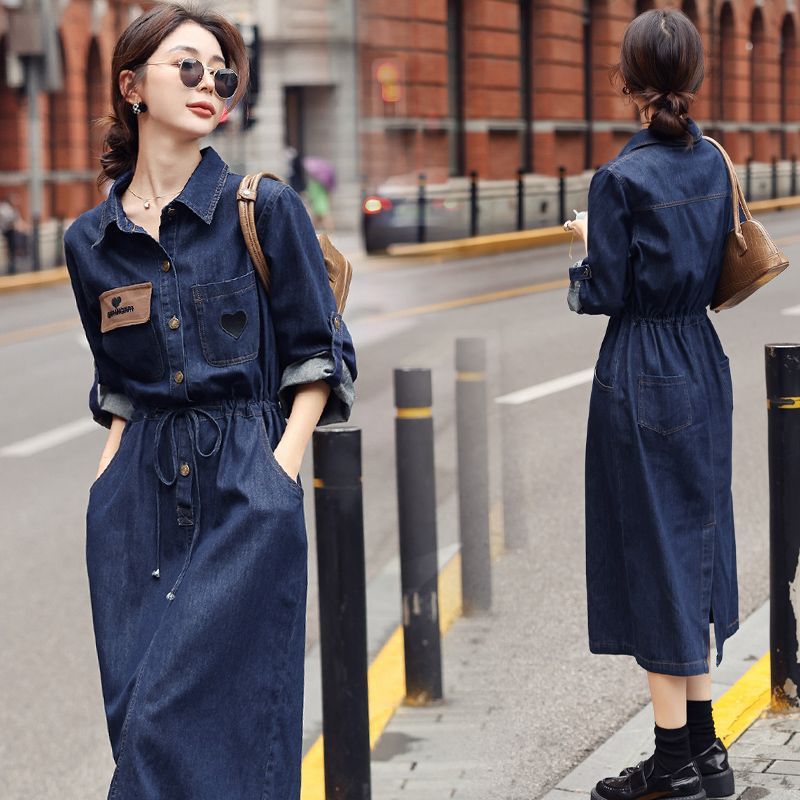 High-end Elegant Denim Trendy 2025 Autumn New Women's Fashion Casual Slimming Age-reducing Long Dress_voghion.com