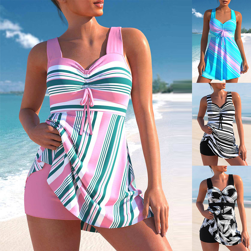 Women's striped split swimsuit women's large size skirt bikini boxer briefs swimsuit_voghion.com