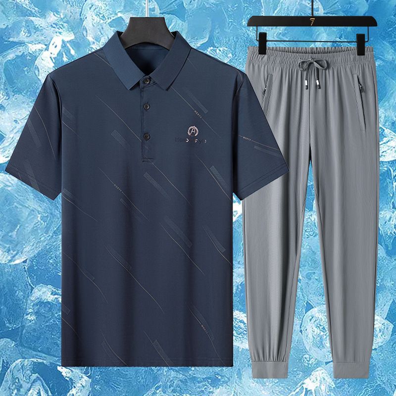 CT Hochwertiges Dad Ice Silk Set Kurzarm-T-Shirt mittleren Alters für ältere Herren, Freizeitkleidung für den Sommer_voghion.com