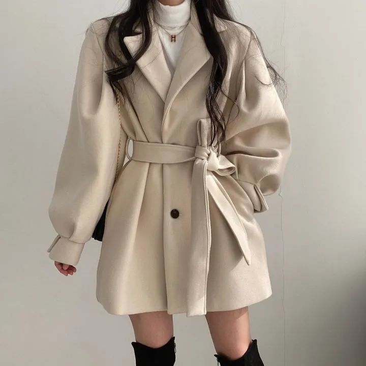 Women's Chic Oversized Wool Coat With Notched Lapel - Mid-Length Trench Coat For Petite & Tall - Fall Winter Fashion Blazer Jacket In Black & Beige_voghion.com