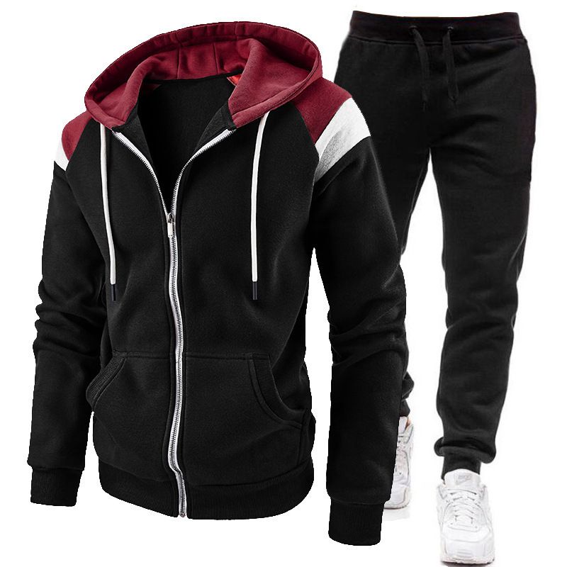 Nueva sudadera con capucha, suéter, pantalones, conjunto deportivo informal de felpa para otoño e invierno con cremallera a juego de colores para hombres_voghion.com