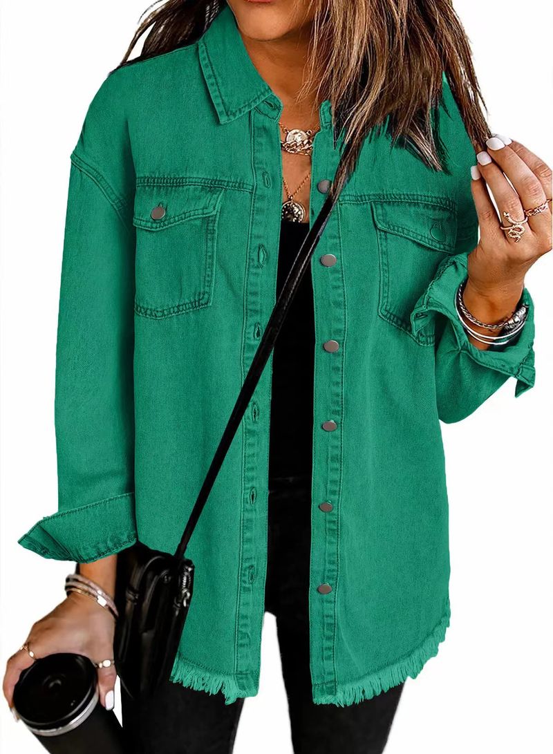 Giacca in denim lavato effetto consumato per donna - Cappotto streetwear oversize con orlo grezzo per autunno e inverno_voghion.com