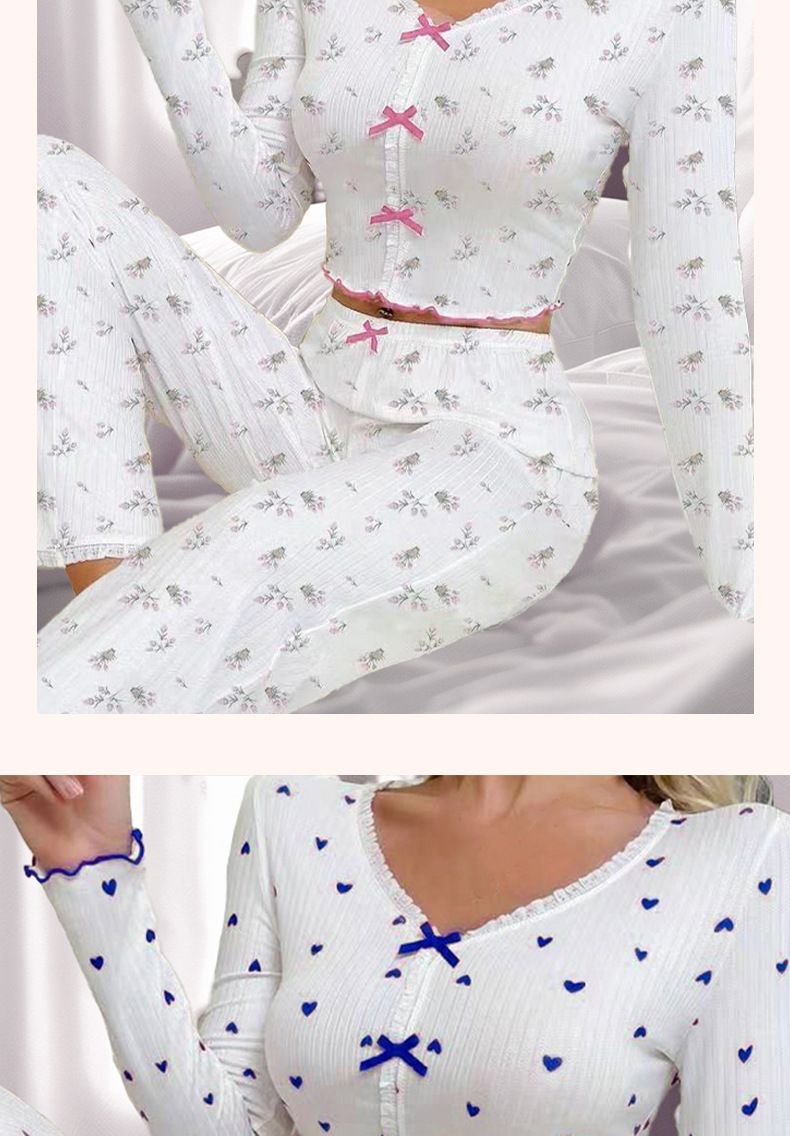 Pijamale pentru femei, cu mânecă lungă, cu decolteu în V și motive inimă ondulată, care pot fi purtate ca îmbrăcăminte exterioară, pantaloni din două piese_voghion.com
