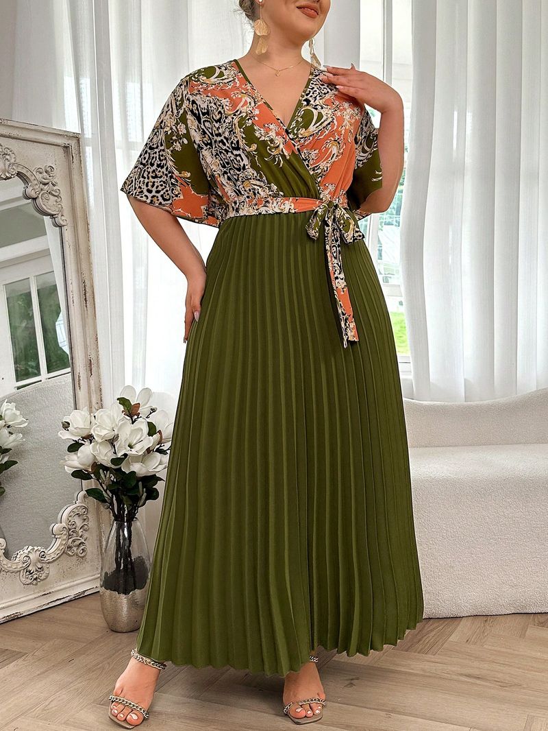 Vintage Floral Maxi Dress With Pleated Detail High Waist Elegant Boho Dress For Women, Plus Size 0XL-4XL V-Neck & Belted_voghion.com