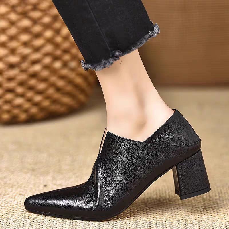 Soft Leather High Pumps For Women 2025 New Sexy Pointed Toe Mid Heel Formal Office Work Versatile Shoes_voghion.com