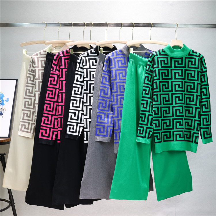 Abito da donna maglione lavorato a maglia pantaloni a gamba larga due pezzi_voghion.com